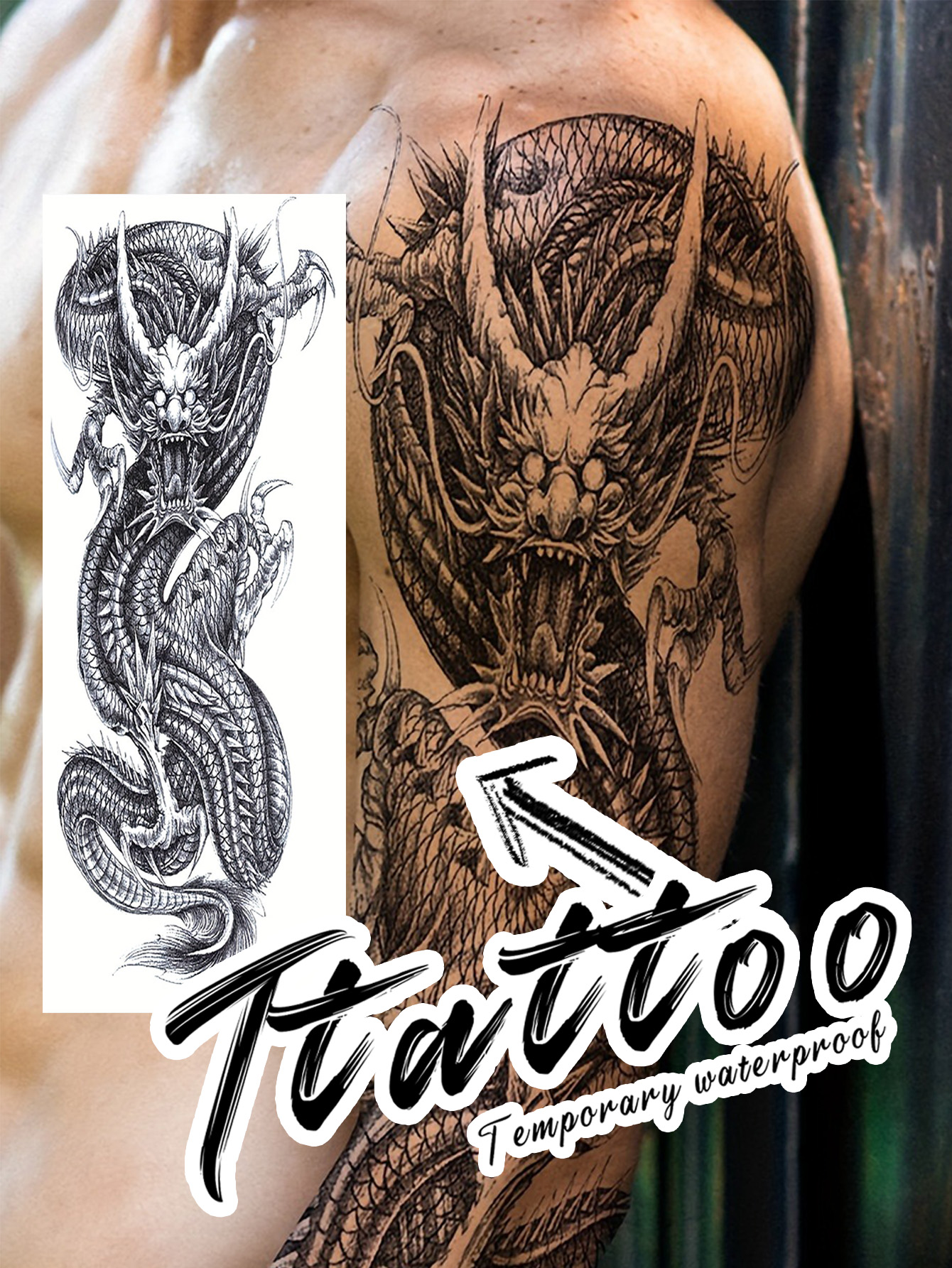 Realistic Black Dragon Waterproof Temporary Tattoo